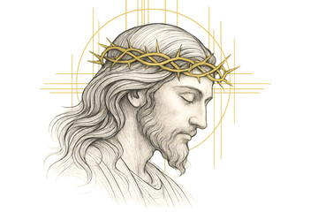 Jesus Christ illustration with Crown of Thorns, profile, closed eyes, and golden halo background