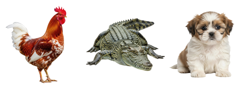 Rooster Crocodile and Shih Tzu Puppy Group Portrait Wild Animal Farm Bird Reptile Dog Pets Isolated on White Background Concept Contrast Diverse Creatures