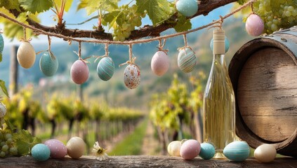 Vineyard Easter scene; eggs, wine bottle, barrel, and rows of vines