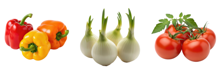 Fresh Red Orange Yellow Bell Peppers Sprouting White Onions and Vine Ripe Tomatoes Isolated on White Background Healthy Eating Ingredients for Cooking and Salad