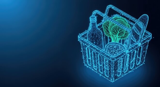 Digital shopping basket with groceries and bottle
