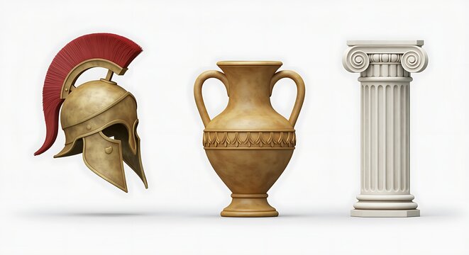 Ancient greek artifacts including a helmet vase and column
