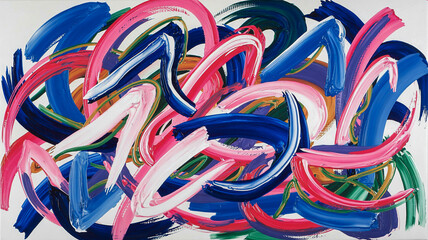 An abstract acrylic painting with bold brushstrokes in shades of blue, pink, and white.