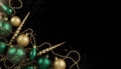 Black and Gold Christmas Background with Shiny Ornaments