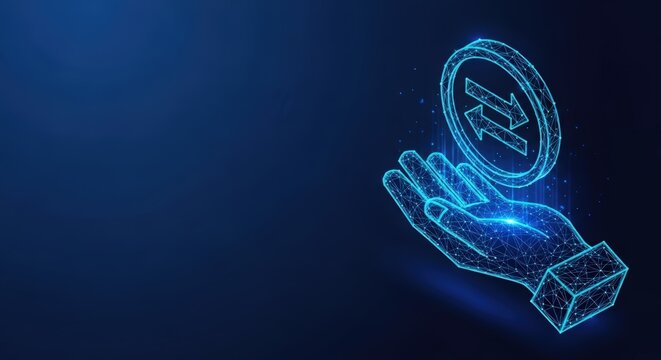 Hand holding digital coin with exchange arrows