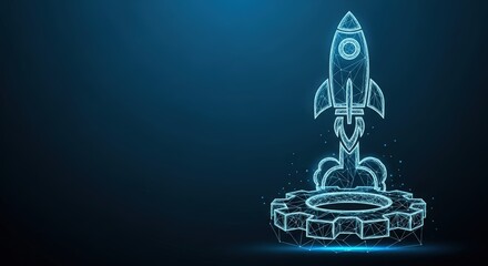 Rocket launching from gears symbolizing business startup