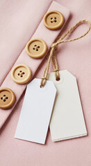 Elegant Close-up of Pink Fabric Detail with Rustic Wooden Buttons and Blank Tags for Fashion or Craft Projects, Evoking a Gentle and Natural Aesthetic