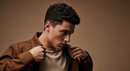 Confident and handsome young man in a casual modern brown jacket adjusting his collar with a pensive look in a studio portrait