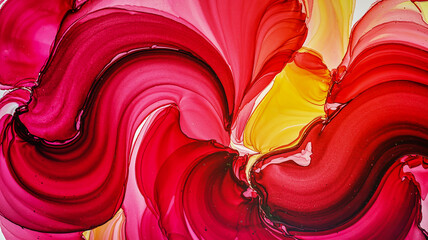 An abstract alcohol ink painting with flowing red and pink tones
