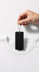 Minimalist fashion concept with a hand holding a blank black tag on a crisp white t-shirt, ideal for branding and retail mockups