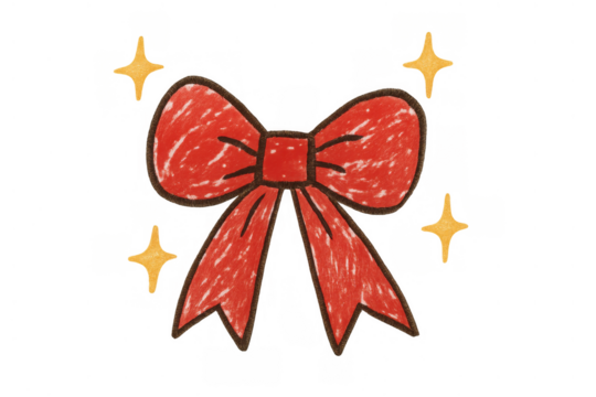 Red bow drawing with crayon texture and golden sparkles, festive celebration and gift decoration element on transparent background - Powered by Adobe