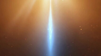 An abstract, ethereal background. A vertical blue light beam is set against a warm orange/gold background with particles - Powered by Adobe