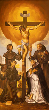 CAVA DE TIRRENI, ITALY - OCTOBER 7, 2025:The painting of Crucifixion wint the sanits in the church Chiesa di San Francesco e Sant Antonio by unknown artist with the initials H. B. (2009)