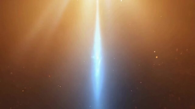 An abstract, ethereal background. A vertical blue light beam is set against a warm orange/gold background with particles