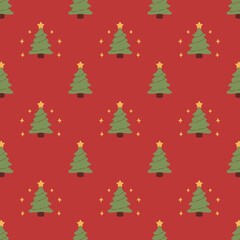 Seamless Christmas Tree Pattern on Red Background