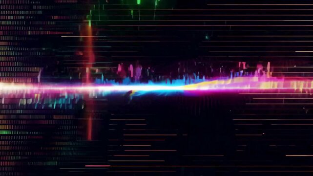 An abstract, futuristic animation of a colorful, glitching audio waveform or spectrum. Features pink, blue, and green digital noise