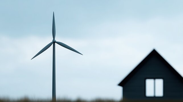 minimalist off grid house Wind turbine beside a modern house against a cloudy sky, symbolizing renewable energy and sustainable living. - Powered by Adobe