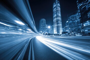 Blue-tinted city lights blur into motion lines