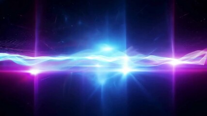 An abstract, futuristic animation of a glowing neon waveform (blue, pink) with bright flares and particle streams on a dark background - Powered by Adobe