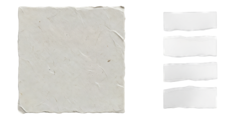 Rough handmade off white paper texture background with visible fibers next to four horizontal white torn paper strips isolated on white background for collage