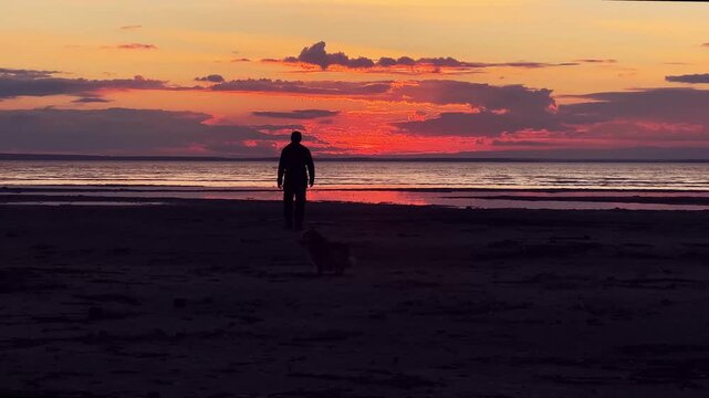 A guy walks into the sunset on the seashore