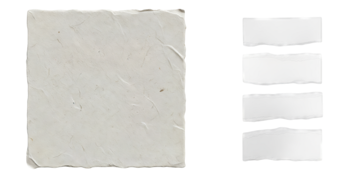 Rough handmade off white paper texture background with visible fibers next to four horizontal white torn paper strips isolated on white background for collage