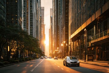 Sun shines down street between tall buildings, cars moving