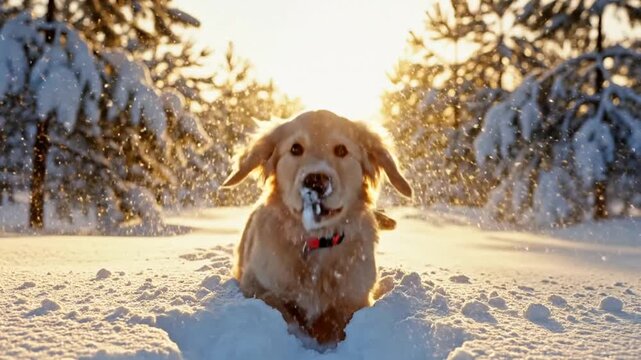 Golden retriever playing in fresh snow at sunset in a winter landscape