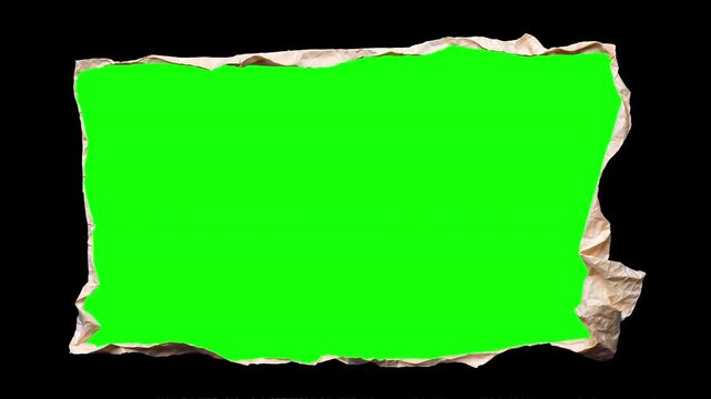 4K horizontal torn paper frame with chroma key green screen center, isolated on transparent alpha, wrinkled paper texture and curled edges, handmade ripped sheet for motion design, animation title