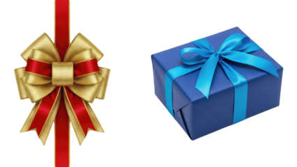 Assortment of Gift Wrapping Elements Featuring a Luxurious Gold and Red Decorative Bow and a Simple Blue Present Box with Bright Blue Ribbon Isolated on White