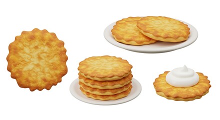 Collection of golden brown baked cookies and tarts with white frosting
