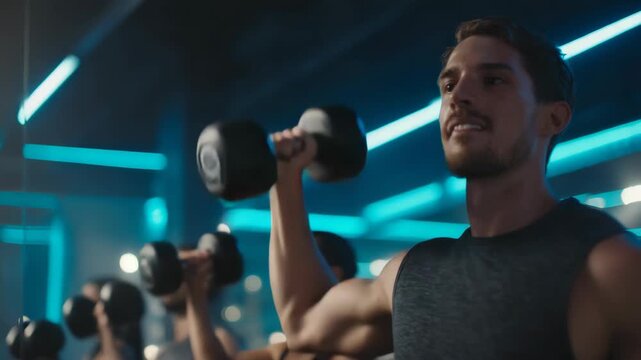 Smiling Man Doing Dumbbell Overhead Press in Modern Gym with Fitness Group