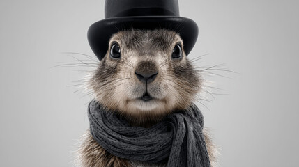 A cute groundhog on a festive spring day. Groundhog Day. A groundhog with fluffy fur. Landscape view.
