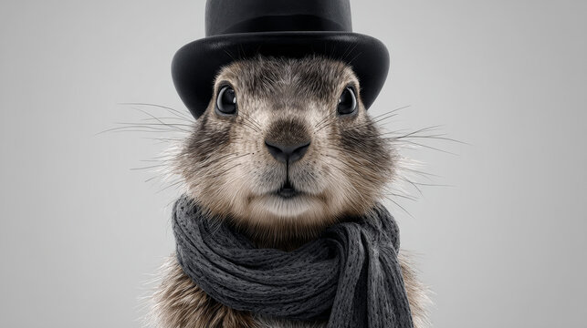 A cute groundhog on a festive spring day. Groundhog Day. A groundhog with fluffy fur. Landscape view.