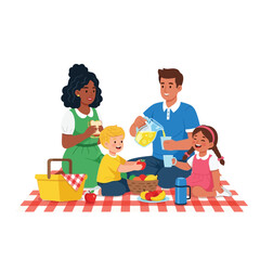 Obraz premium Happy family enjoying a summer picnic together on a checkered blanket