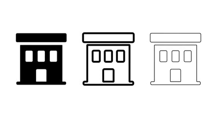 Three stylized building icons in solid black outline and sketch styles