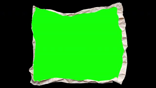 4K horizotal ripped paper cutout with green screen placeholder, realistic crumpled craft paper on black alpha, collage art element, motion graphics text reveal animation, graphic overlay stop motion