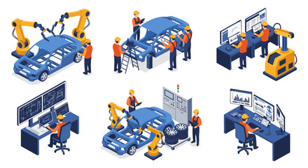 Isometric Illustration Set of Car Manufacturing Process with Workers and Robots