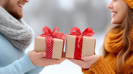 Romantic snowy gift exchange radiates warmth during the holiday season with love and joy.