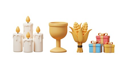 Religious symbols of communion and celebration with candles and gifts