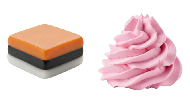 Layered orange black and white licorice candy next to a swirl of pink frosting or whipped cream isolated on a white background dessert concept sweet treat