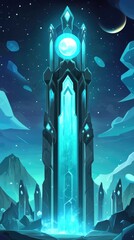 Radiant celestial tower in a night sky landscape.