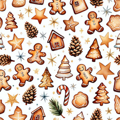 Cute seamless texture with gingerbread cookies and winter elements for packaging, fabric and stationery.