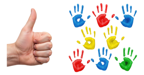 Human hand giving thumbs up gesture next to colorful primary color handprints red blue yellow green paint impressions isolated on white background for childhood