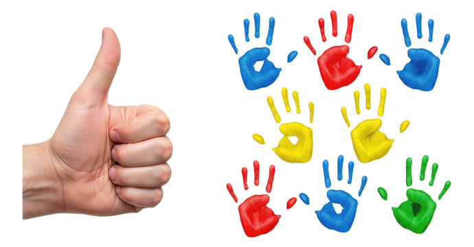 Human hand giving thumbs up gesture next to colorful primary color handprints red blue yellow green paint impressions isolated on white background for childhood
