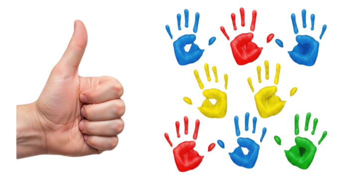 Human hand giving thumbs up gesture next to colorful primary color handprints red blue yellow green paint impressions isolated on white background for childhood
