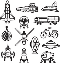 Bundle of Ten Fictional Spacecraft Black and White Vector Illustration.eps