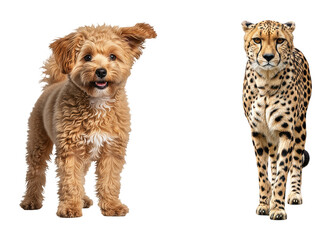 Cute fluffy puppy dog side by side with majestic wild cheetah big cat standing isolated on white background concept for comparison contrast domestic versus wild