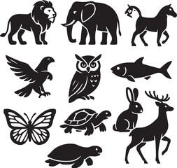 Bundle of Ten Animals Black and White Stylized Vector Illustration.eps