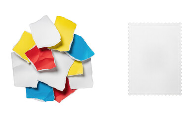 Torn colored paper scraps in red yellow and blue next to a blank white postage stamp mockup with serrated edges on a clean white background concept for